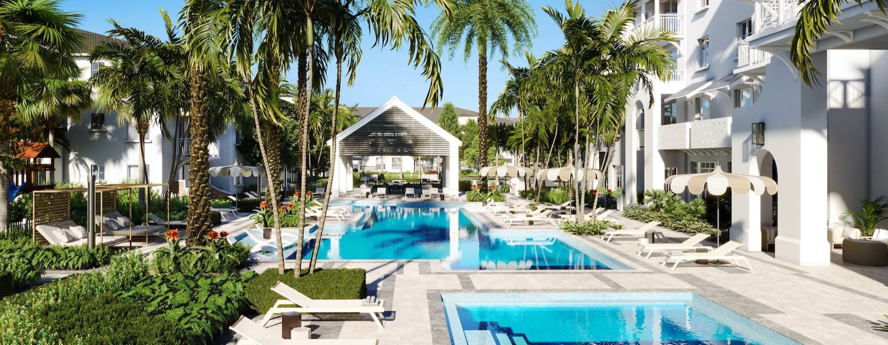 Resort-style swimming pool with lounge seating