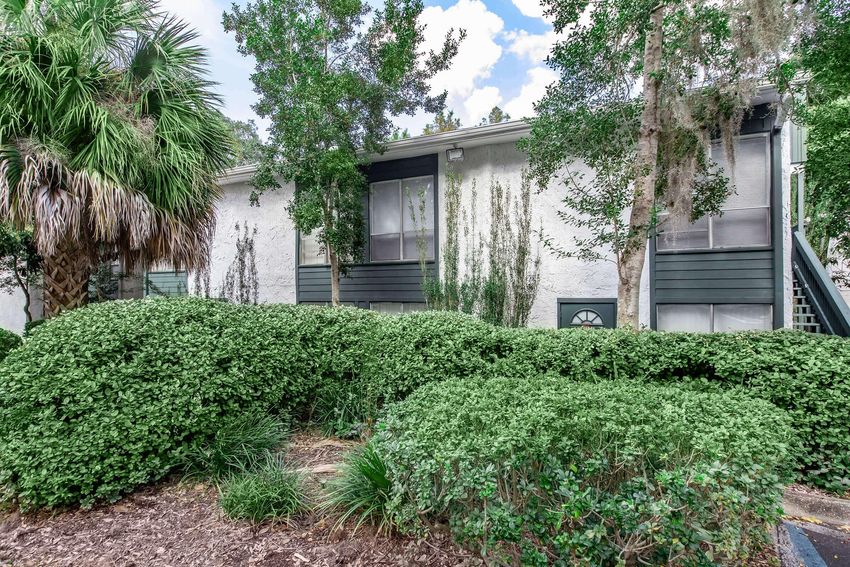 A two-story building surrounded by lush greenery, including shrubs and palm trees. The exterior features a light-colored wall with green accents, large windows, and foliage in front. The sky is partly cloudy, adding a bright ambiance to the scene.