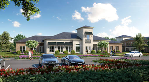 A modern house with a grey roof and a large front yard with a flower bed and parked cars.