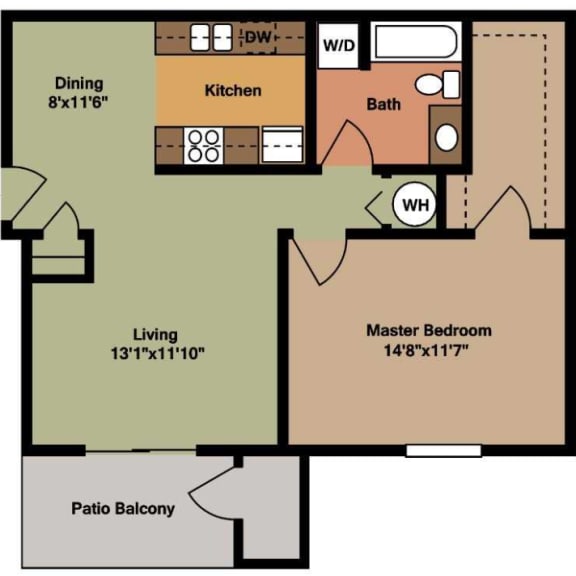Thumbnail 2 of 2 1 Bedroom Apartment, 706 sqft, 2D Floorplan at Walnut Creek Apartments, Indiana, 46902