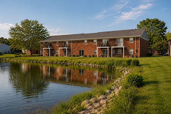 A red brick building with a grey roof is situated by a body of water.