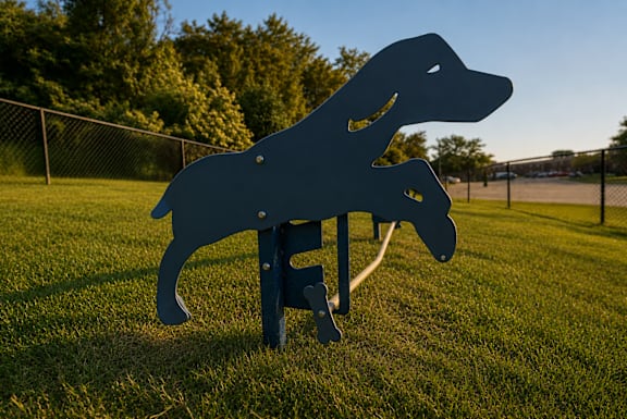 A dog sculpture is sitting on the grass.