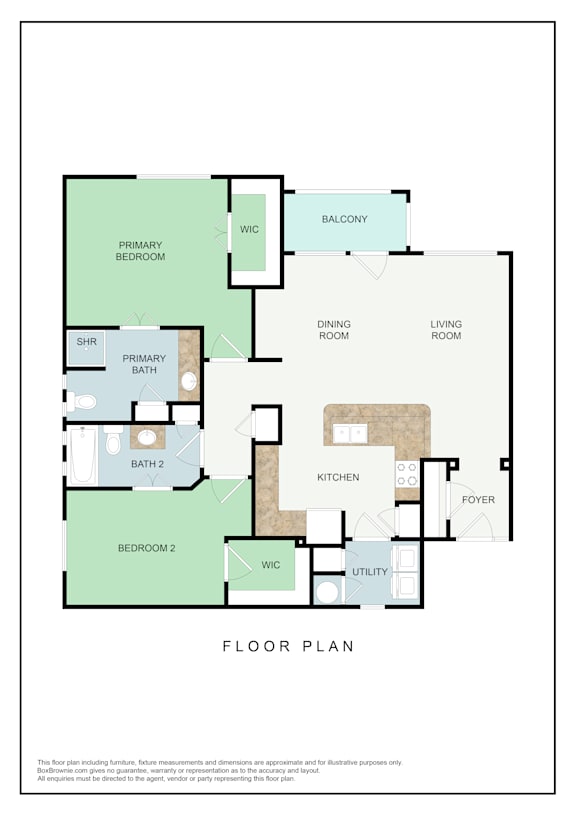 A floor plan of a house with a living room, dining room, kitchen, two bedrooms, two bathrooms, and a balcony.