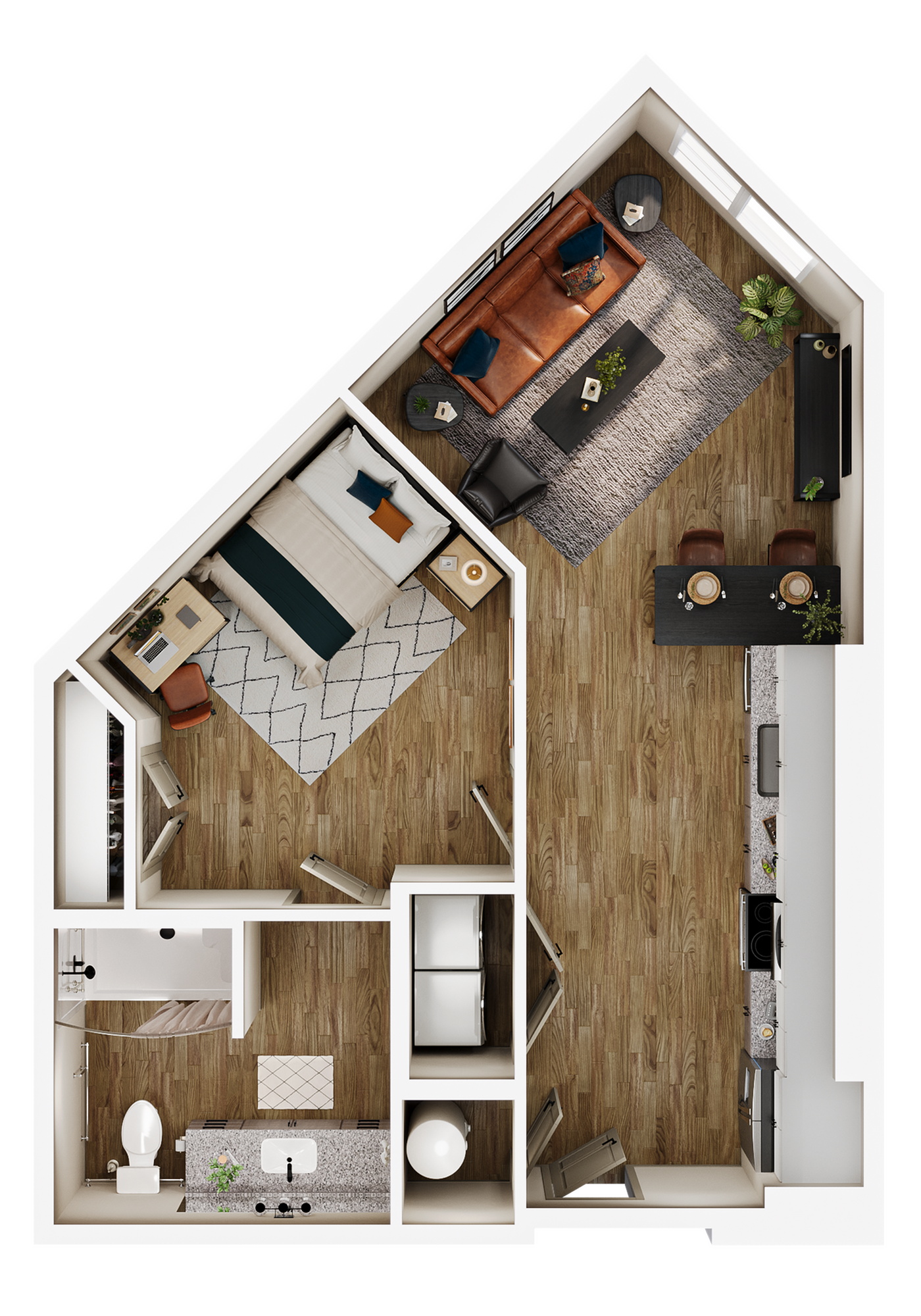 A 3D image of the A3 floorplan, a 687 squarefoot, 1 bed / 1 bath unit