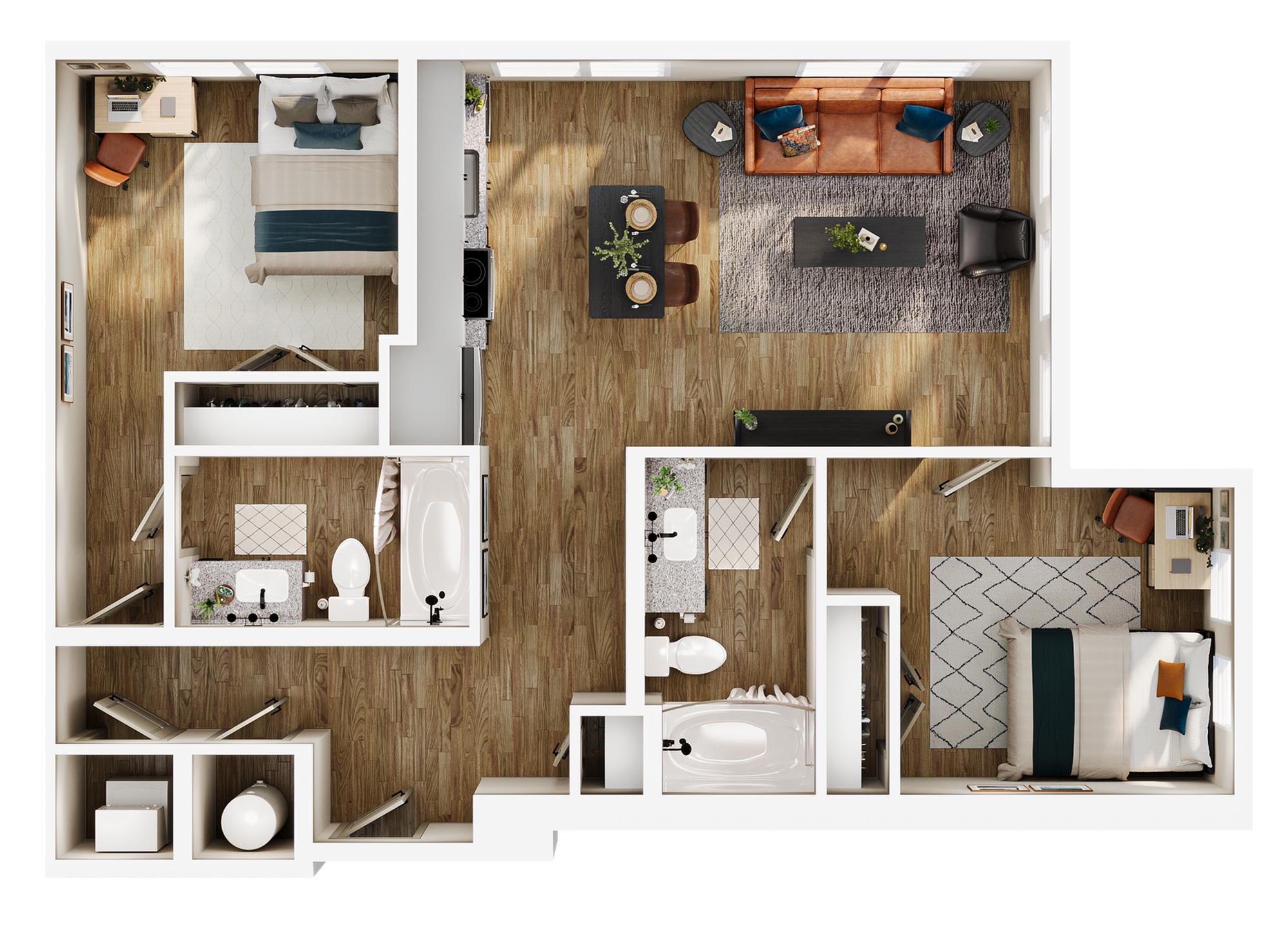 A 3D image of the B2 floorplan, a 915 squarefoot, 2 bed / 2 bath unit