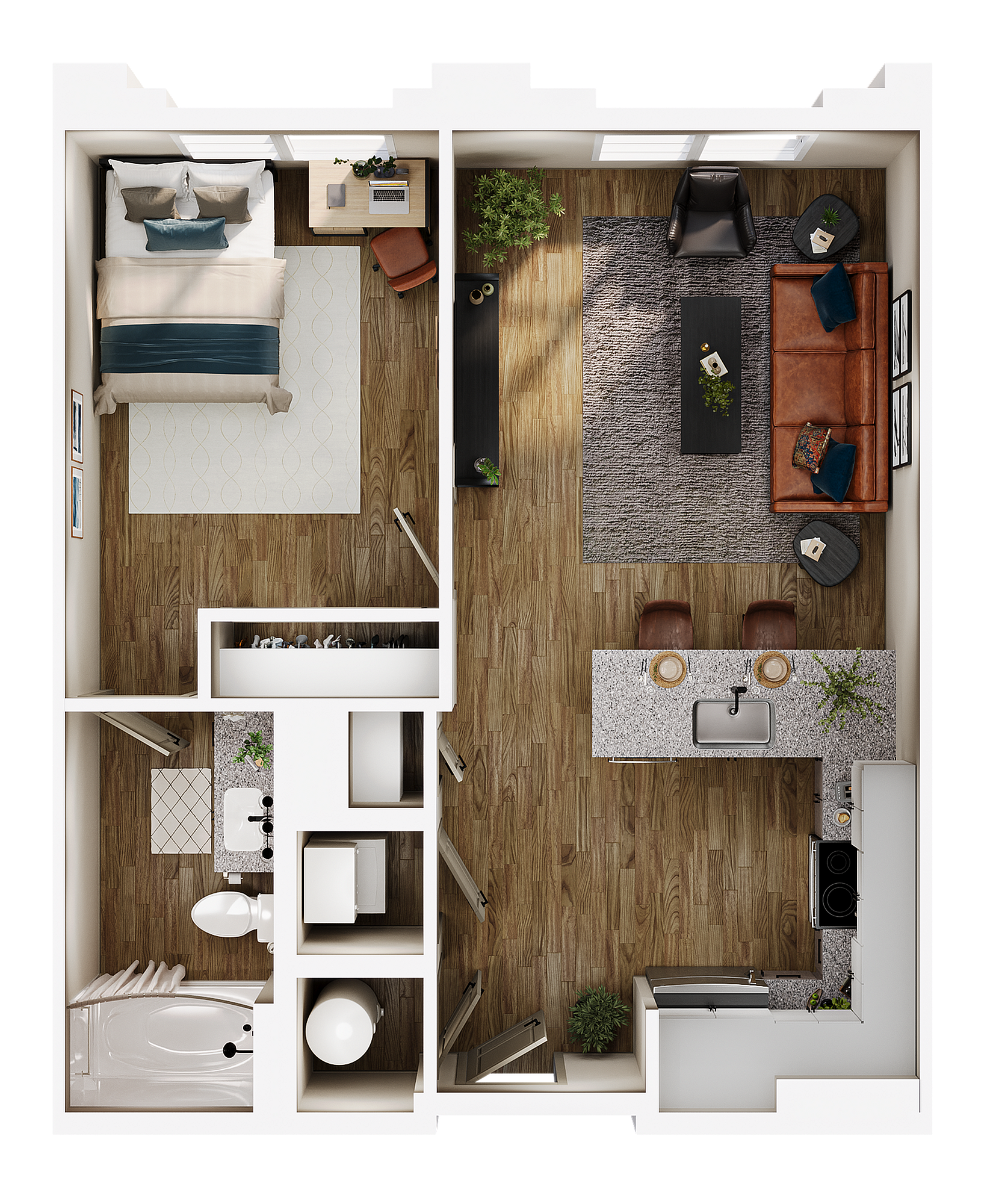 A 3D image of the A1 floorplan, a 627 squarefoot, 1 bed / 1 bath unit
