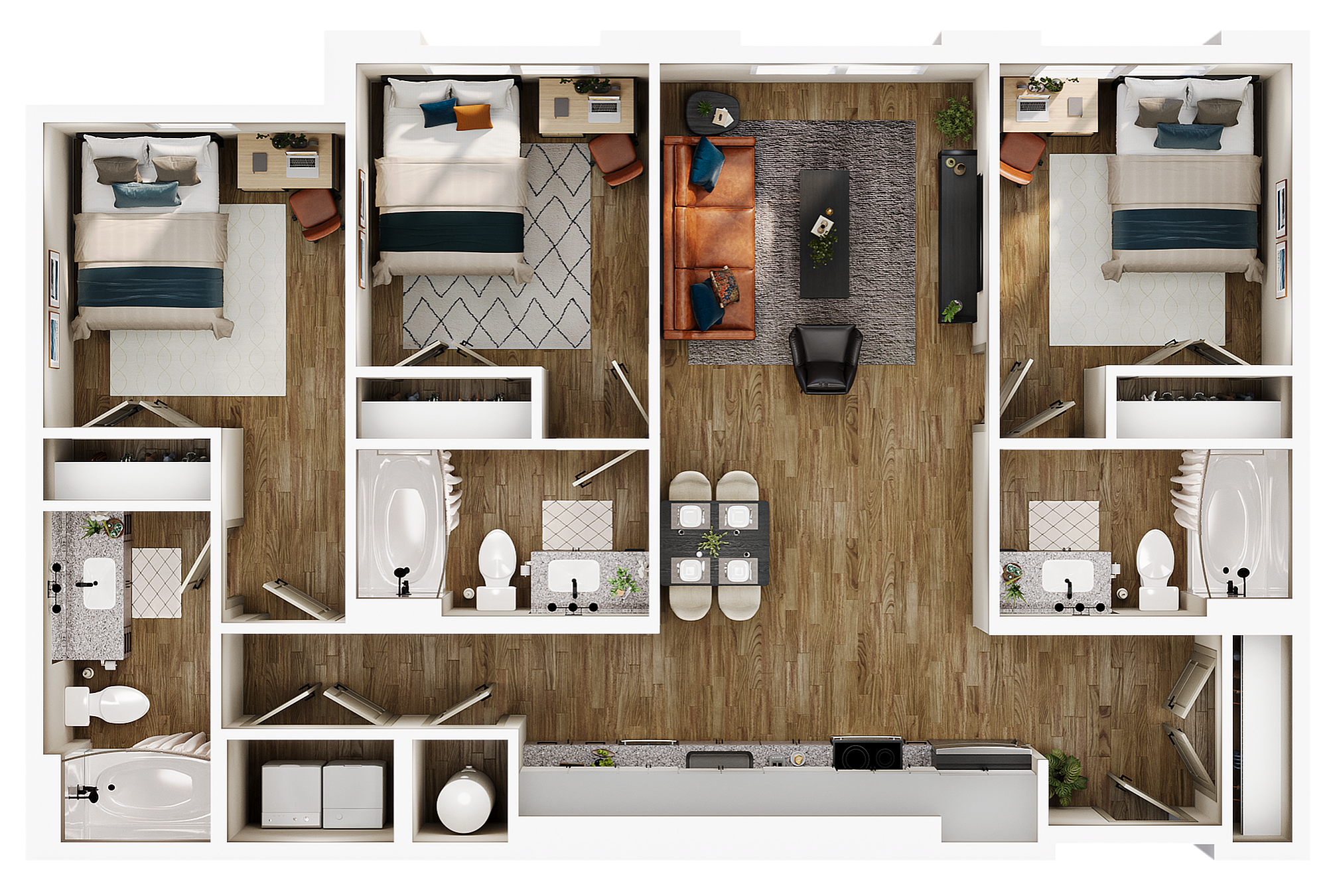 A 3D image of the C1 floorplan, a 1128 squarefoot, 3 bed / 3 bath unit