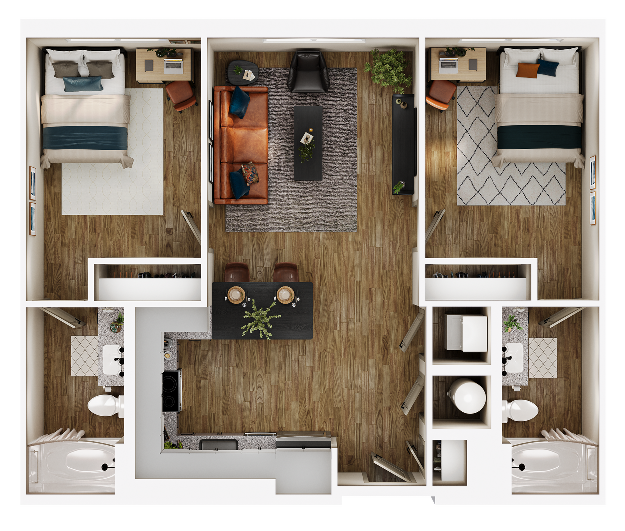 A 3D image of the B1 floorplan, a 898 squarefoot, 2 bed / 2 bath unit