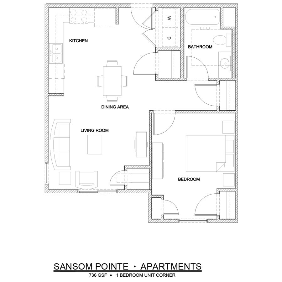 Sansom Pointe 1 Bedroom floor plan 736 square feet corner unit