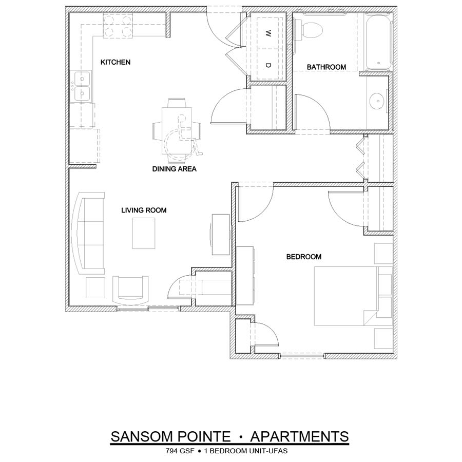 Sansom Pointe 1 Bedroom floor plan UFAS handicap accessible 794 square feet
