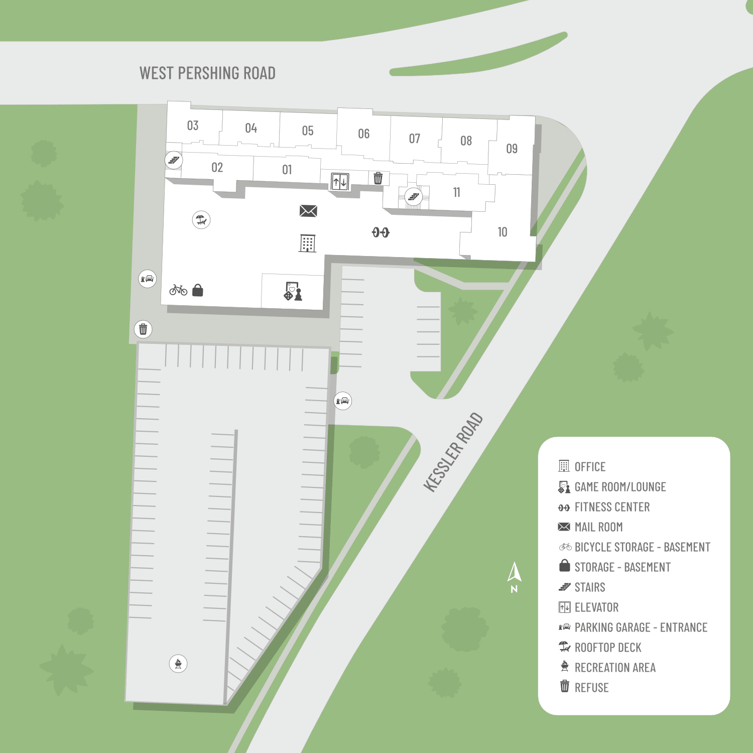 A site map marked by red dots showing unit locations, if available.