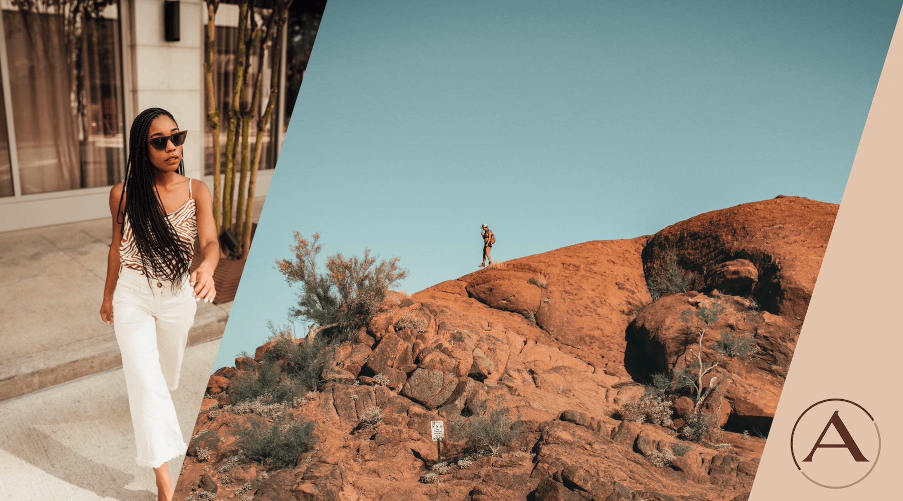edited image showing side by side images including a hiker on brown rocks and a woman walking outdoors