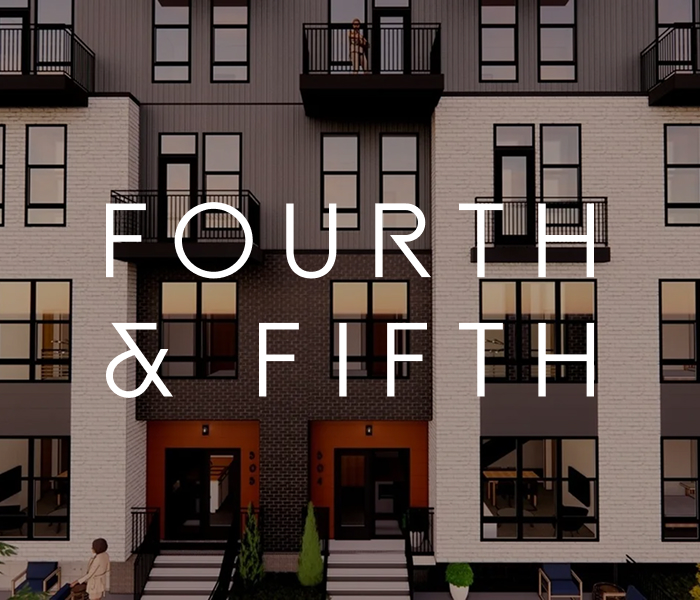 Front view of a modern multi-story building, Columbus apartments, with people on balconies and stoops. The text FOURTH & FIFTH is prominently displayed over the image.
