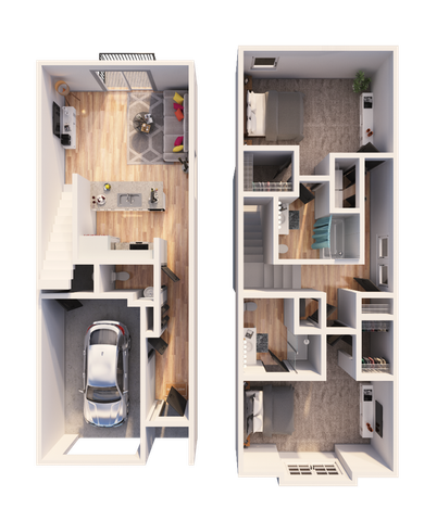 Elegant 3D floor plan showcasing a dual-level townhouse with garage, open-concept living area, and two bedrooms.