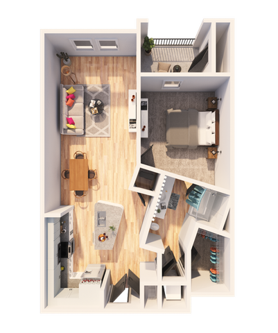 Modern floor plan layout featuring one bedroom, a stylish open-plan living and dining area, a sleek kitchen, and a cozy terrace.