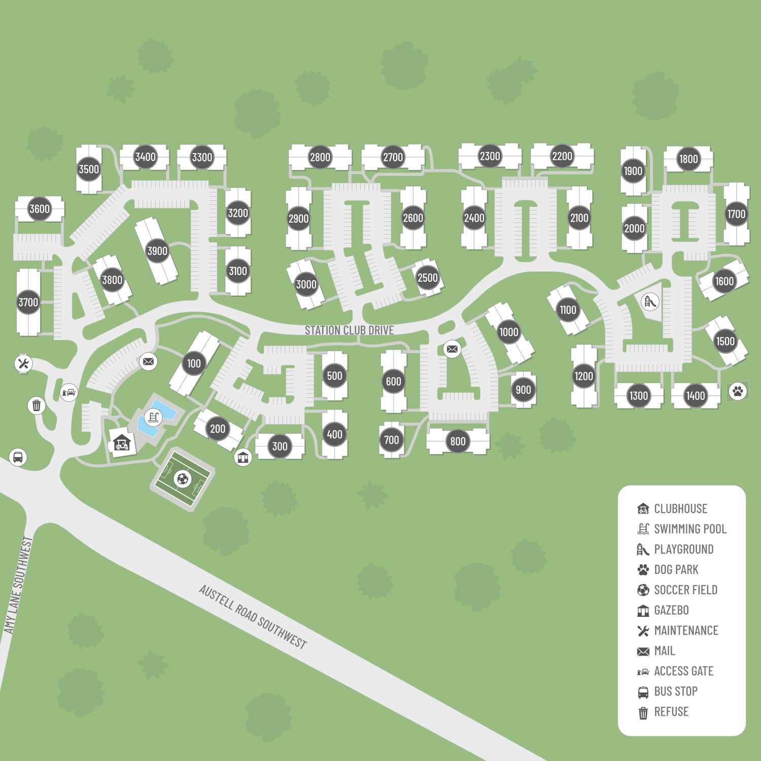 A site map marked by red dots showing unit locations, if available.