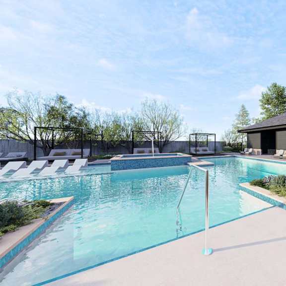 our apartments have a large swimming pool with an umbrella at Stack at Wheat Ridge Apartments, Apartments, Wheat Ridge, CO