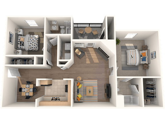 A 3D floor plan of a house showing a kitchen, living room, dining room, and bedrooms.