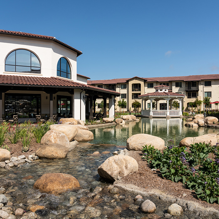 courtyard, clubhouse, stream and trees