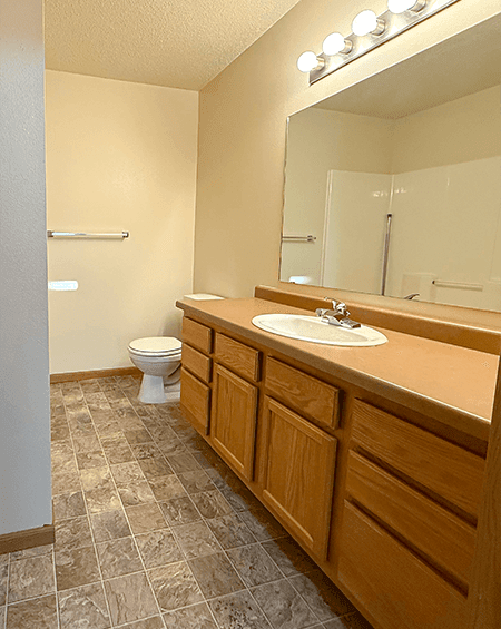 A bathroom with a toilet, sink, and mirror.