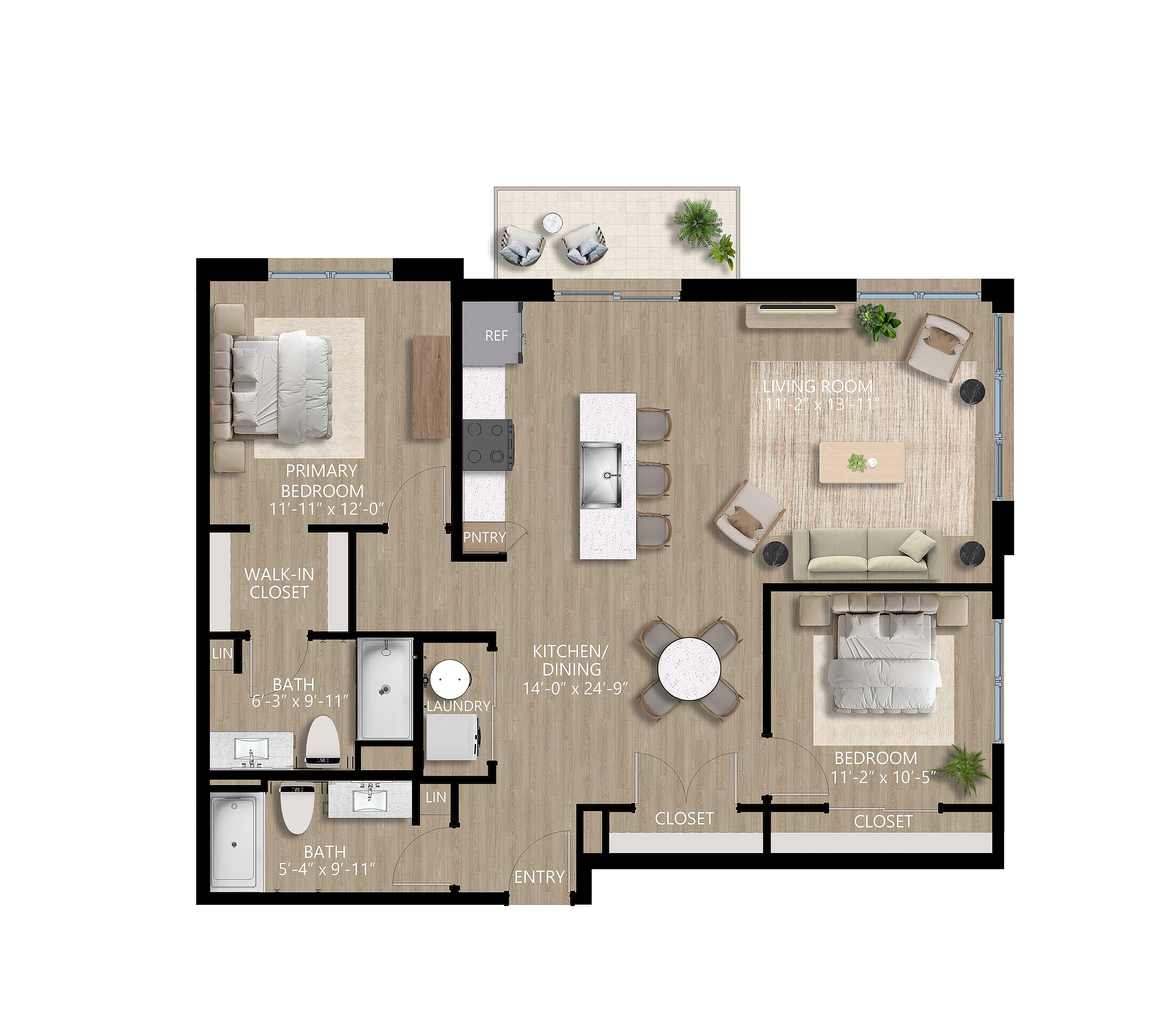 Radiant, 2 bed / 2 bath, 1113 SqFt