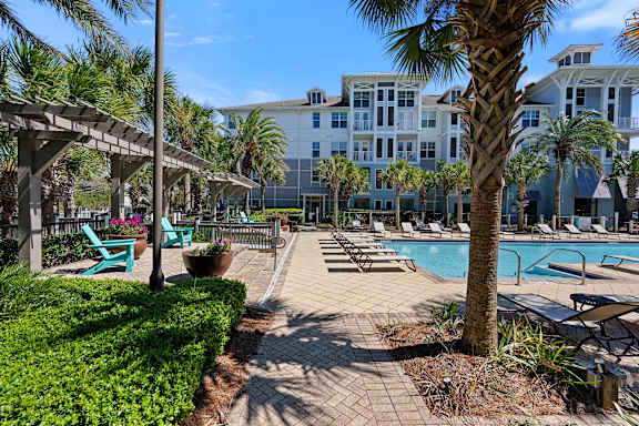 A pool area with a palm tree and a building in the background.