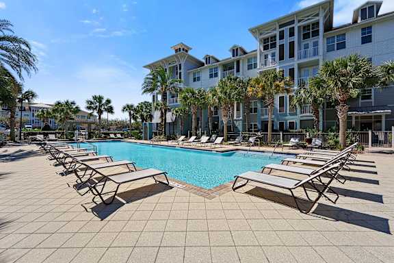 A pool surrounded by sun loungers and palm trees.