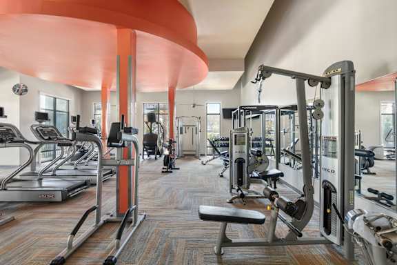 A gym with treadmills, weights, and exercise machines.