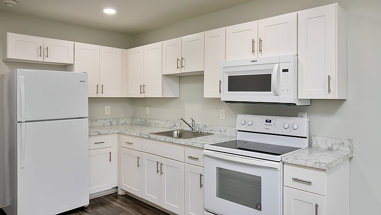 Modern kitchen with sleek white cabinets, elegant marble countertops, and high-quality appliances for a stylish culinary experience.