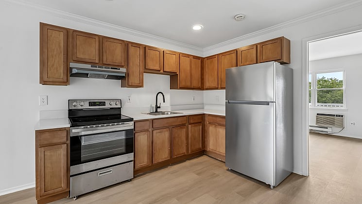 Modern kitchen with sleek stainless steel appliances, elegant wooden cabinetry, and a bright open layout leading to a sunlit room.