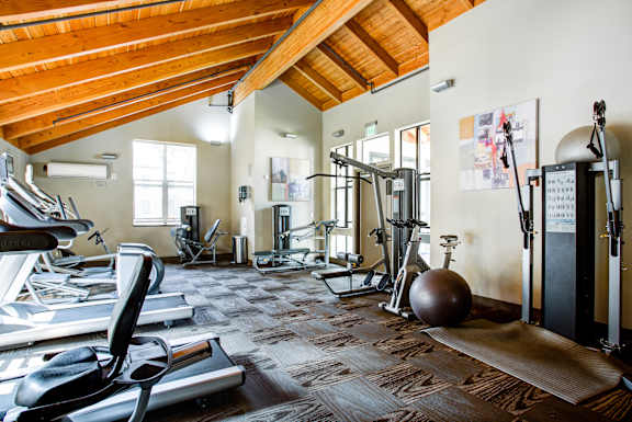 A gym with a variety of equipment including treadmills, weights, and exercise balls at The Lakes Apartments in Bellevue, WA, 98007