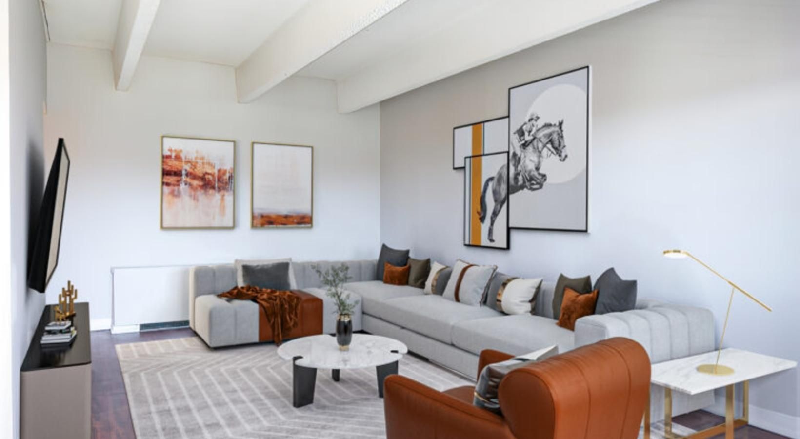 a living room with a couch and a table