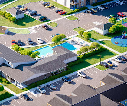 A bird's eye view of a residential area with houses, cars, and a swimming pool.