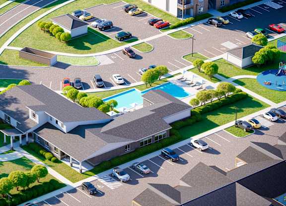 A bird's eye view of a residential area with houses, cars, and a swimming pool.
