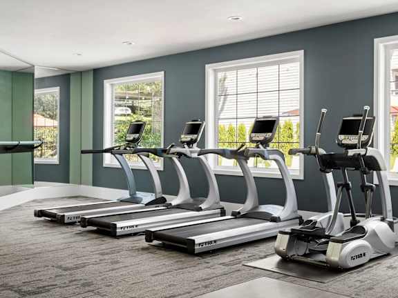 A gym with treadmills and elliptical machines.