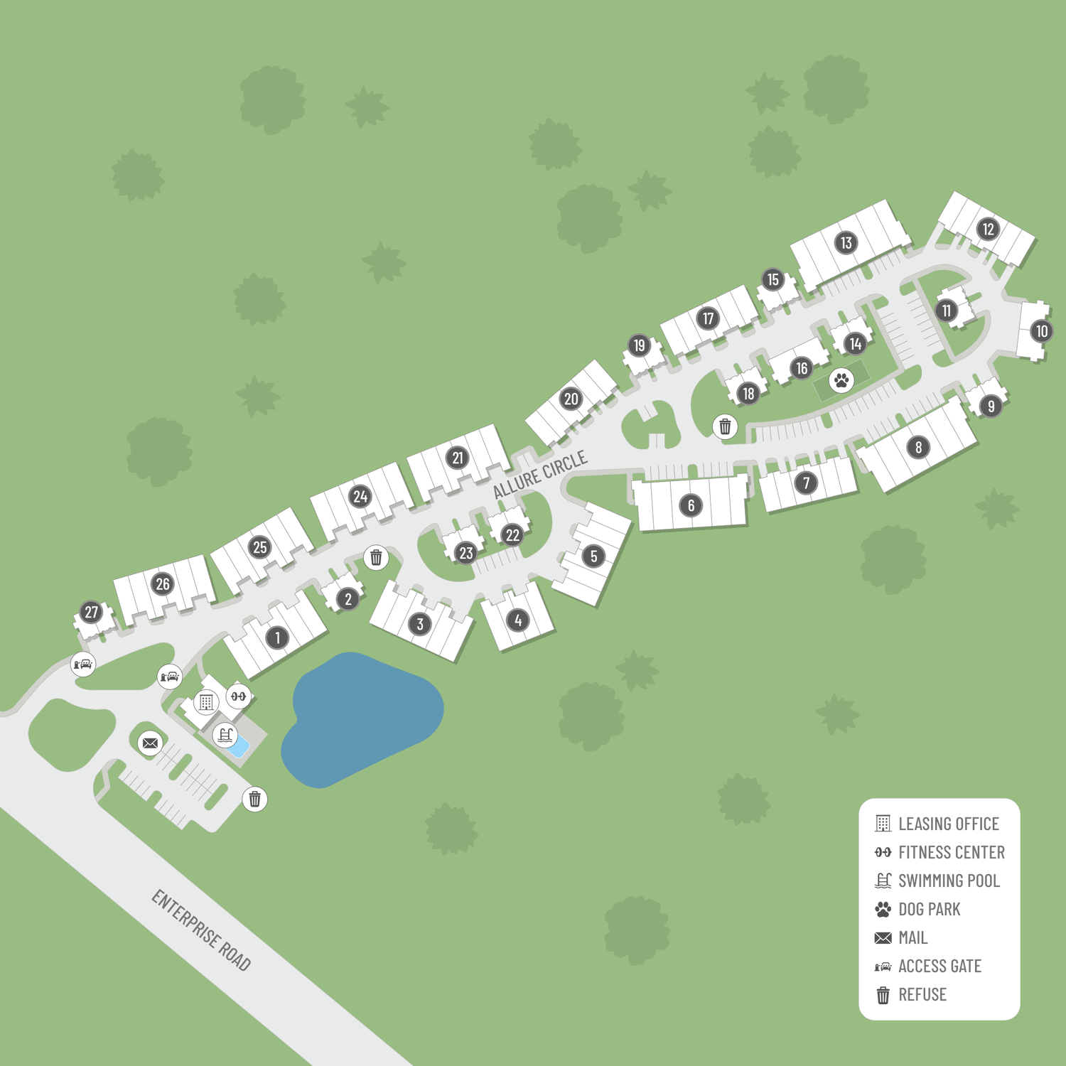A site map marked by red dots showing unit locations, if available.