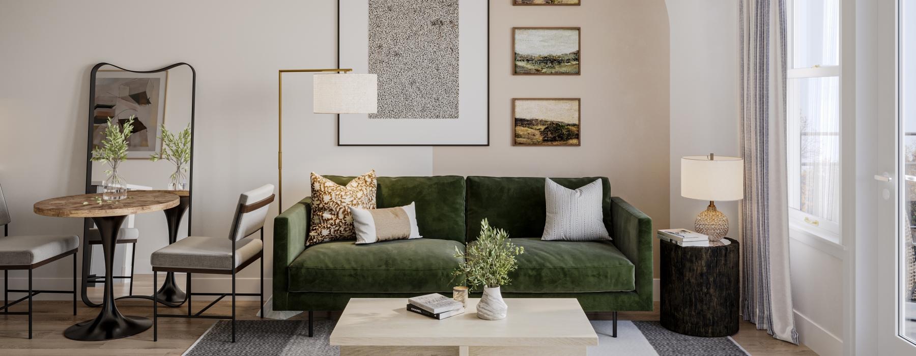 a living room with a green couch