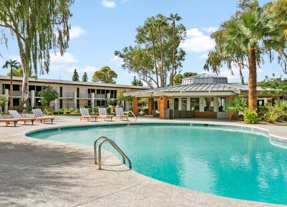 Resort-inspired pool with sun deck at Sentry Tempe apartments in Tempe near Mesa, Arizona