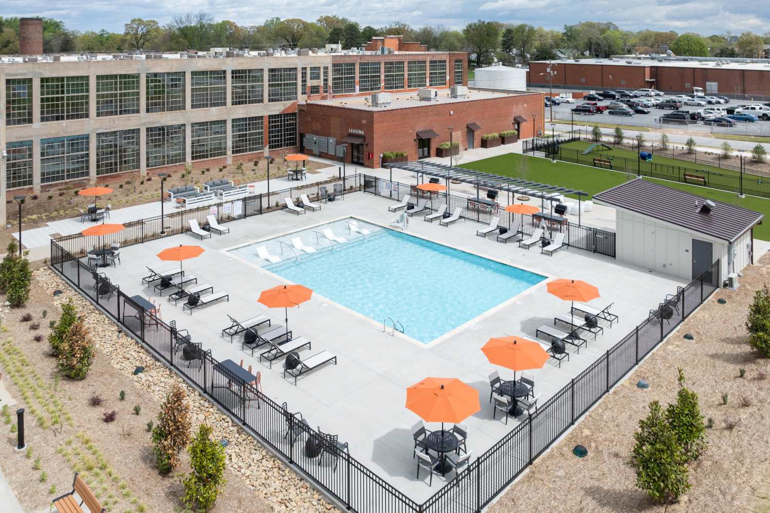 Great view of pool area at Mojud Lofts in Greensboro, North Carolina