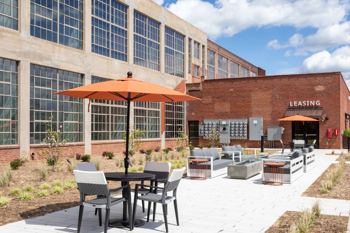 Entrance of leasing center at Mojud Lofts in Greensboro, North Carolina