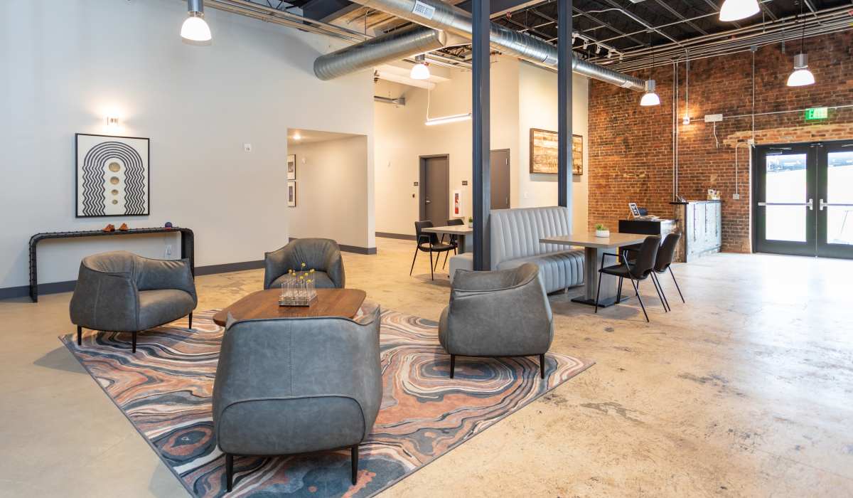Lobby seating area at Mojud Lofts in Greensboro, North Carolina