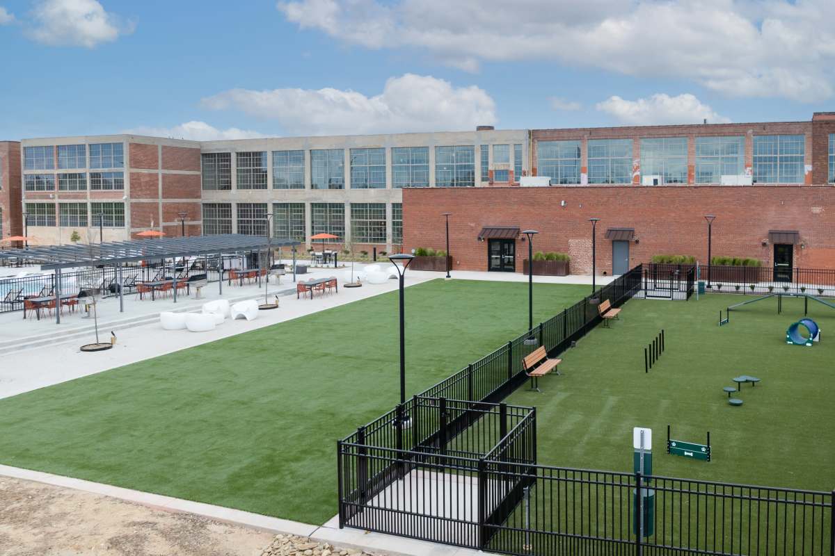 Aerial view of dog park at Mojud Lofts in Greensboro, North Carolina