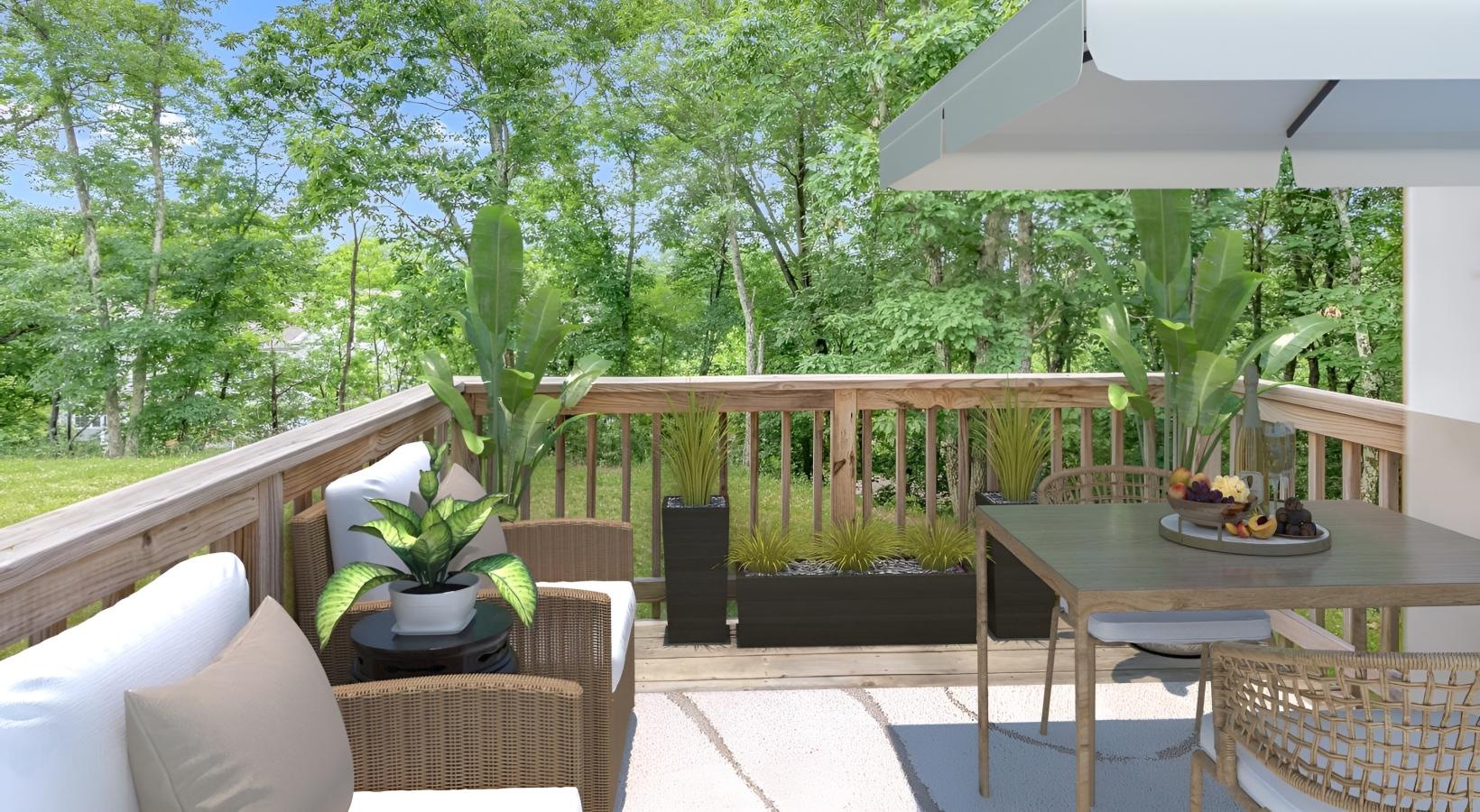 a patio with a table and chairs and plants on it