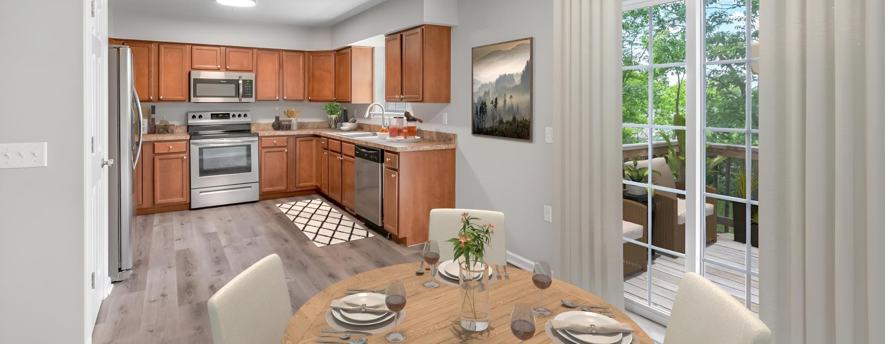 a kitchen with a dining table