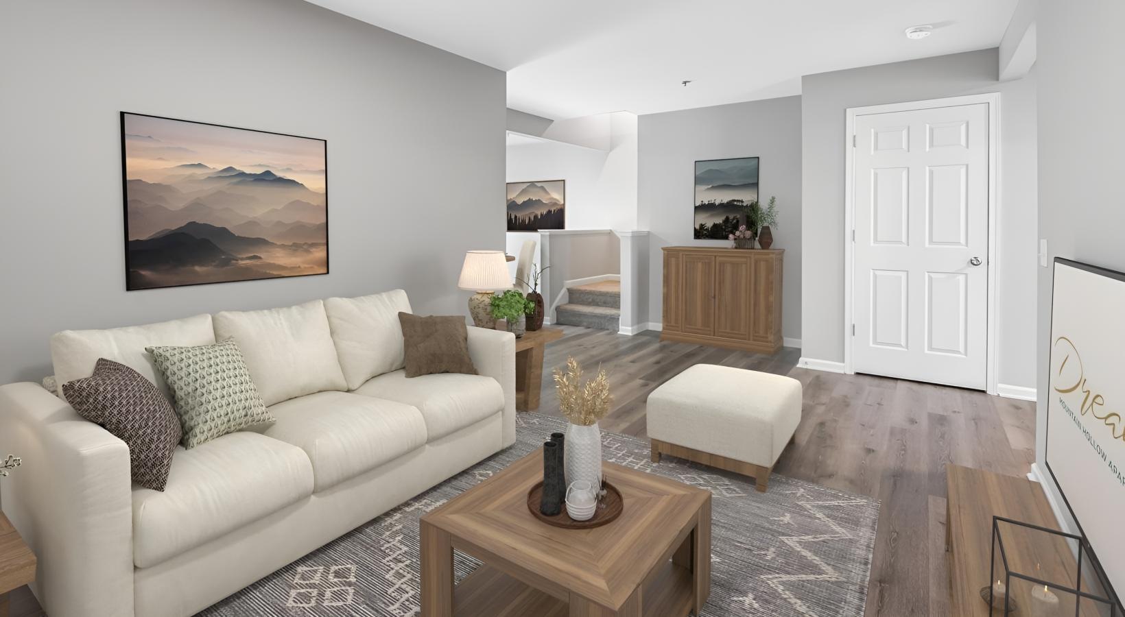 a living room with a white couch