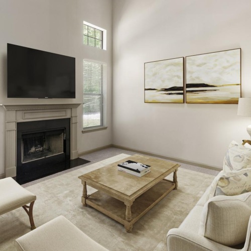 a living room with a fireplace