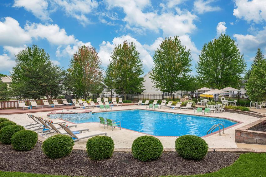 A spacious outdoor swimming pool surrounded by lounge chairs and shaded by trees, with neatly trimmed bushes and a clear blue sky in the background.