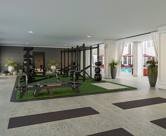 Rendering of a luxurious indoor gym with modern equipment and poolside view, accentuated by elegant decor and natural light.