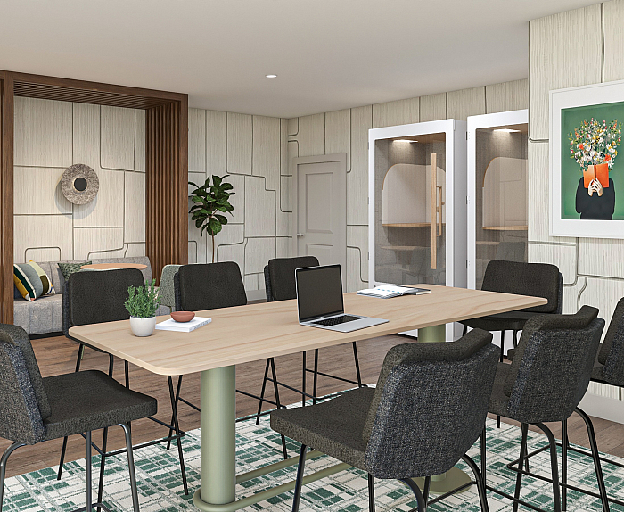 Rendering of an elegant meeting room with contemporary design, featuring cozy seating, modern decor, and ample workspace.
