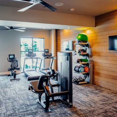 Well-equipped fitness center with proper lighting at The Hamilton at Garden Valley in Waxahachie, Texas